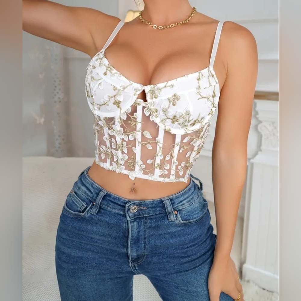 Floral Embroidery Crop Top Bustier, Women's